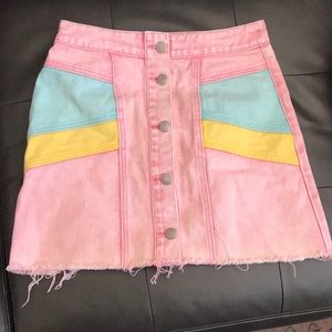 Pink yellow and blue denim skirt
